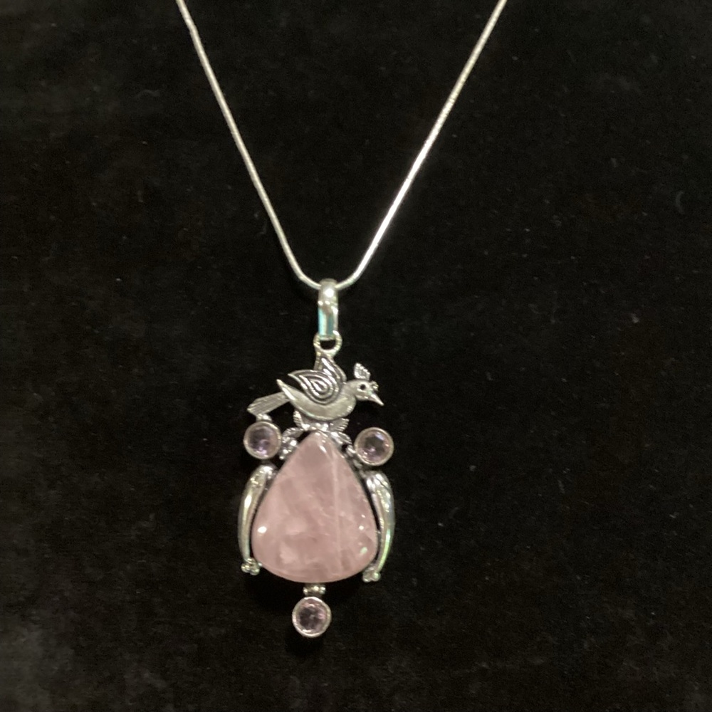 💖Sparrow Pink Quartz -Kunzite 925 Silver Necklace Stamped - Picture 2 of 7